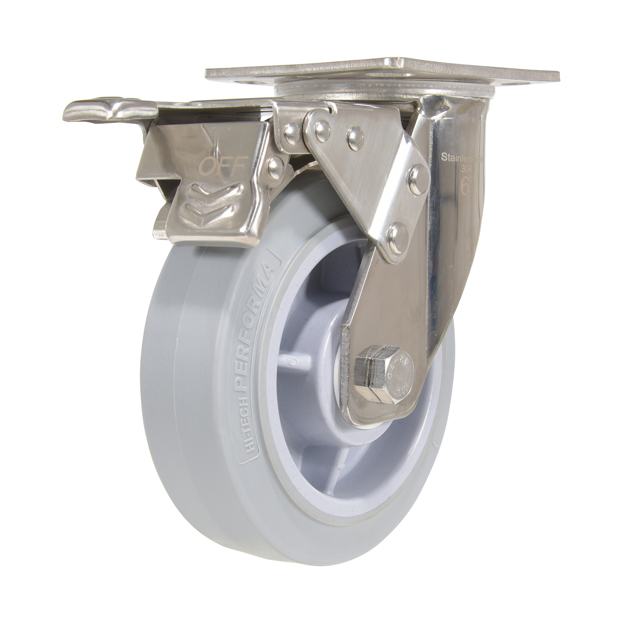 Vestil Rubber Swivel Caster with Total Brake - 6in. x 2in., 600-Lb. Capacity, Stainless Steel, Non-Marking, Model# CST-E-SS-6X2TPR-SWTB